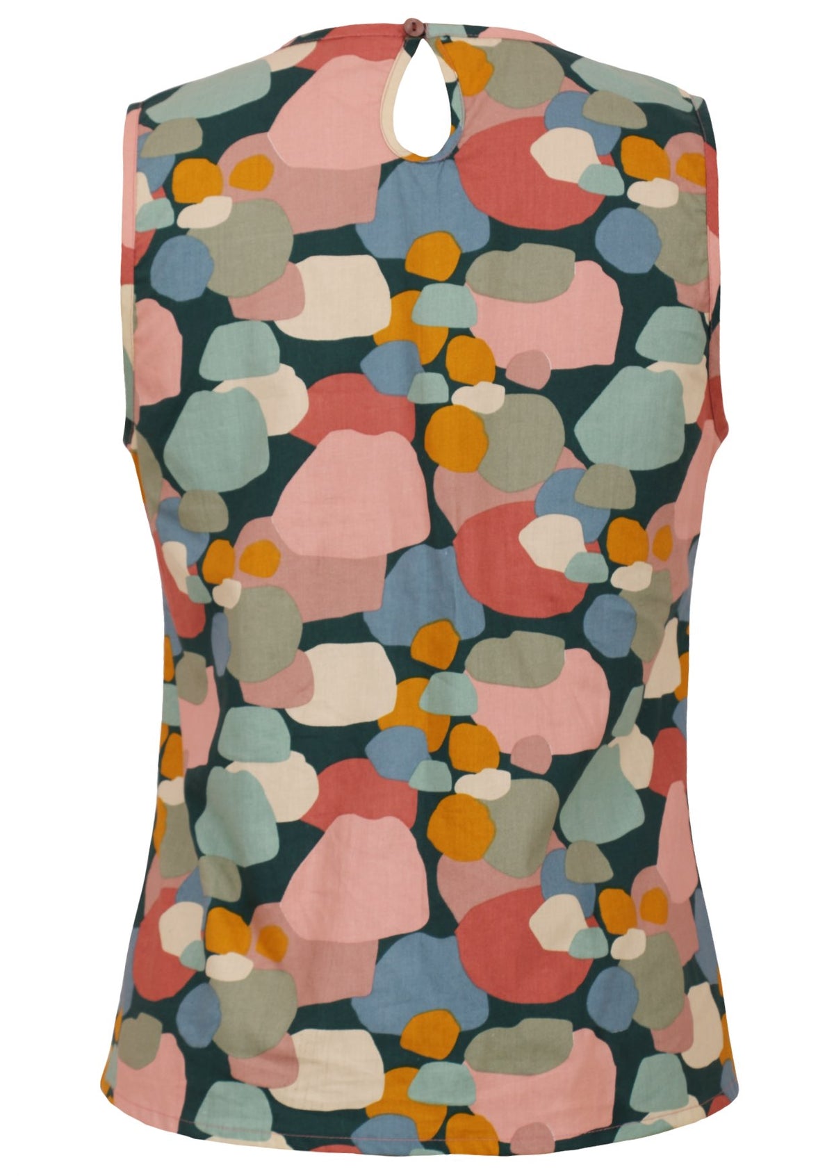 Sleeveless cotton top in colorful abstract print and keyhole button at the back of the neck.