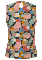 Sleeveless cotton top in colorful abstract print and keyhole button at the back of the neck.