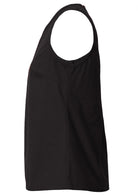 Black sleeveless cotton top with relaxed fit, high round neckline and side bust darts  