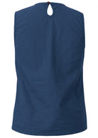 Dark blue sleeveless cotton top with piped detailing and button at the back of neck 