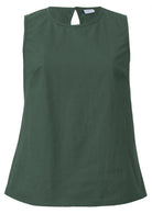 100% cotton jungle green relaxed fit sleeveless top with piped details at high round neckline and armholes 
