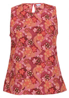 Round neckline cotton top with Japanese-style print in pink, maroon, brown, peach, and khaki tones.