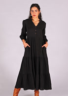 Stunning double cotton tiered dress with buttoned bodice with V-neckline and mandarin collar