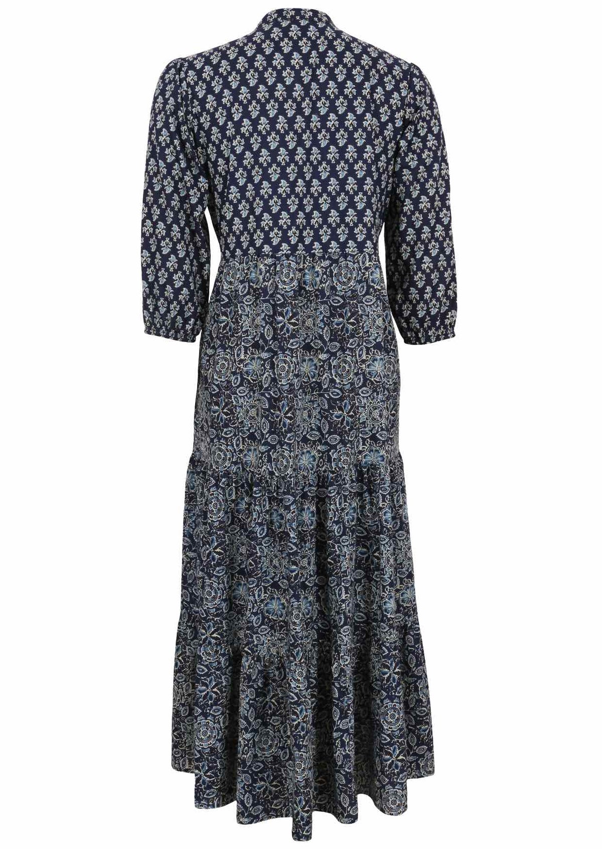 Back view of a full length maxi dress with 3 tiered flowy skirt, mandarin collar, buttoned bodice and pockets