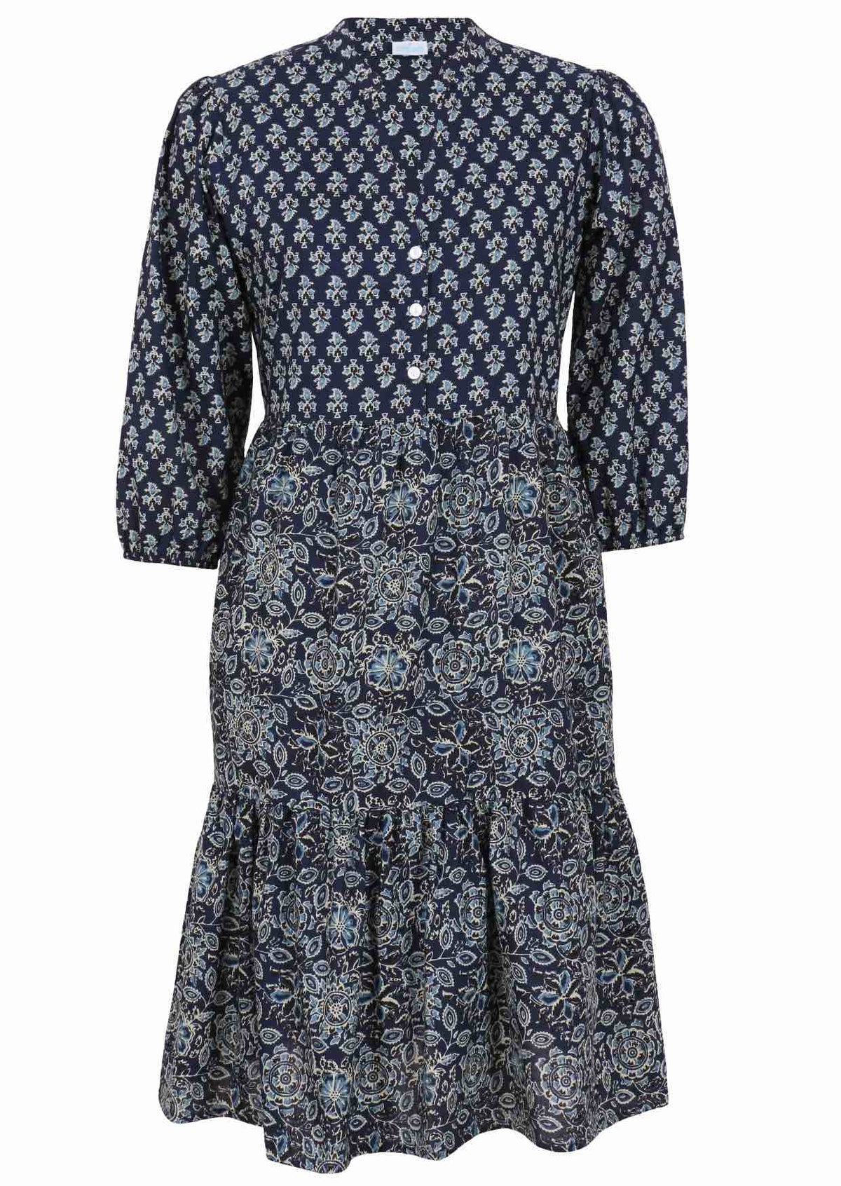 100% cotton relaxed fit, two tiered midi dress in navy blue based floral print.