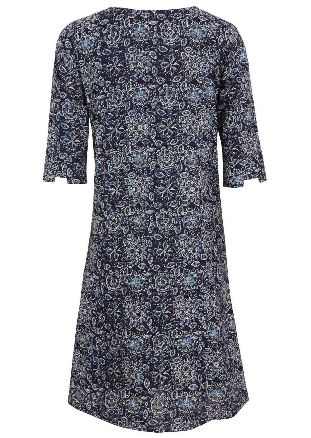 Back view of 100% cotton dress with cuffed designer sleeves and deep pockets with pin tucks.
