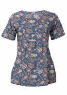 Relaxed fit 100% cotton top in dusty blue based floral print with short sleeves, pockets and gathers under the bust