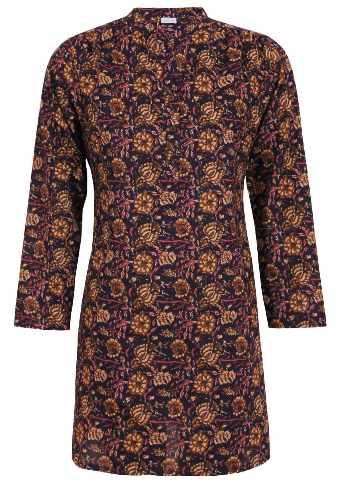100% cotton long sleeve shirt style tunic with mandarin collar and buttons.
