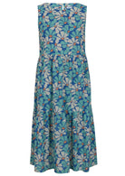 Front mannequin photo of cotton sleeveless three tiered dress in floral print on a royal blue base