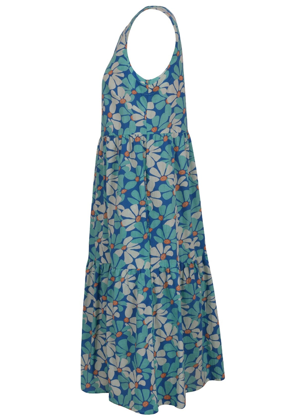 Side mannequin photo of cotton sleeveless three tiered dress in floral print on a royal blue base with hidden side pockets