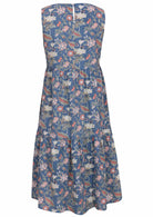 Back view of sleeveless cotton sundress with two tiered skirt, pockets and button back closure at nape of the neck