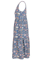 Cotton floral sleeveless midi-length dress in dusty blue with pockets, tiered skirt, and high round neckline