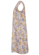 Side mannequin photo of cotton above knee dress with cap sleeves. 