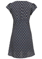 Navy blue cotton dress with small white and blue floral print, cap sleeves and round neckline