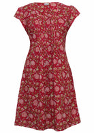 Front mannequin photo of cotton cap sleeve above knee dress with round neckline and pin tucks across bodice