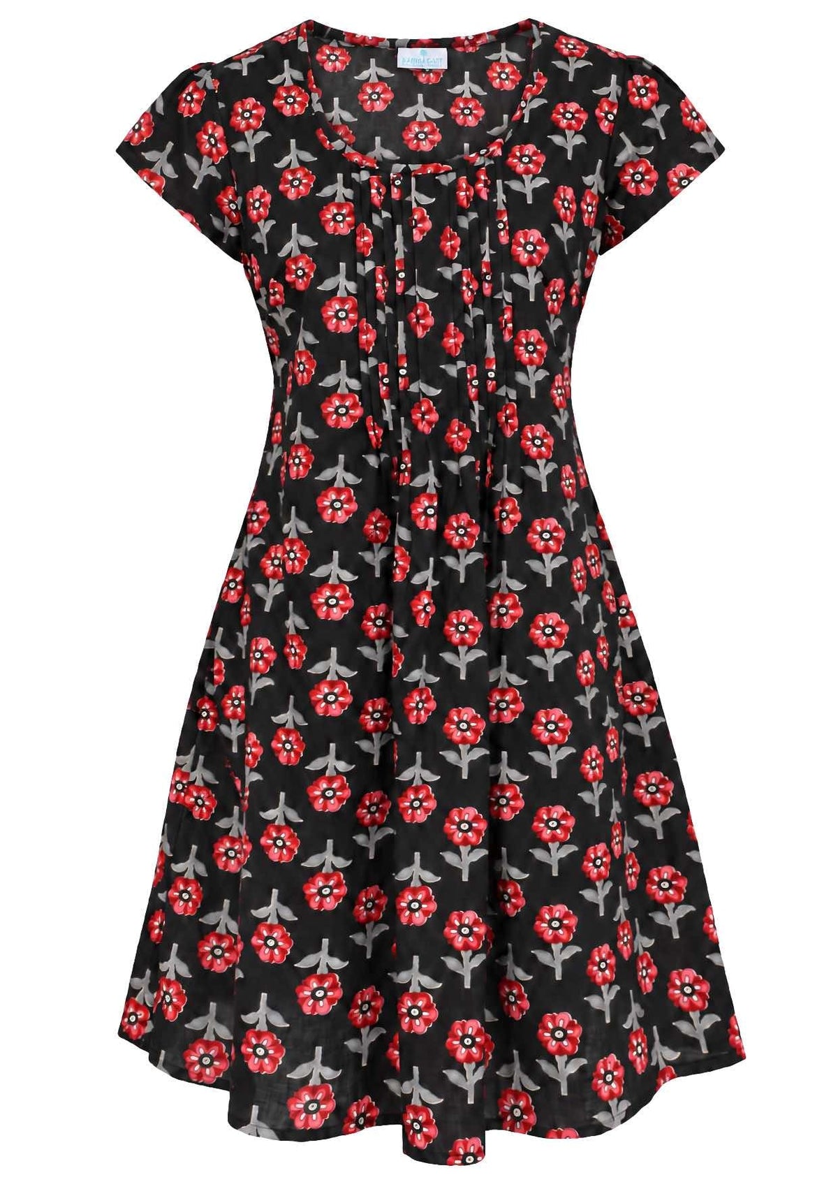 Front mannequin photo of cotton above knee dress in black based floral print.