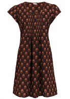 Knee length cotton dress in brown based floral print, round neckline and pleated bodice.