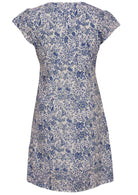 White based blue floral print cotton dress on a white background.