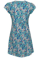 Back mannequin photo of cotton above knee dress in royal blue based floral print. 