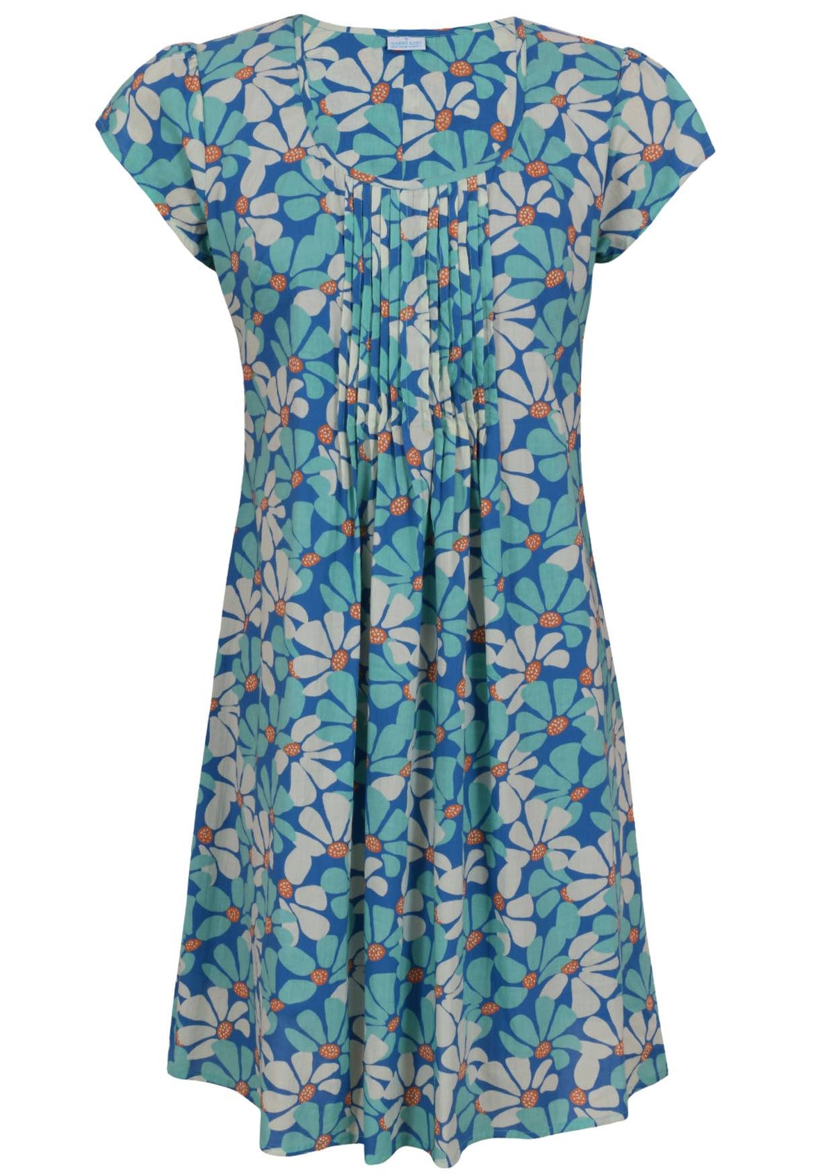 Front mannequin photo of cotton above knee dress with round neckline and pin-tucks across bodice, in royal blue based floral print.
