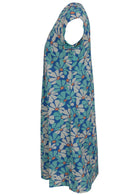 Side mannequin photo of cotton above knee dress with cap sleeves, in blue and aqua daisy print