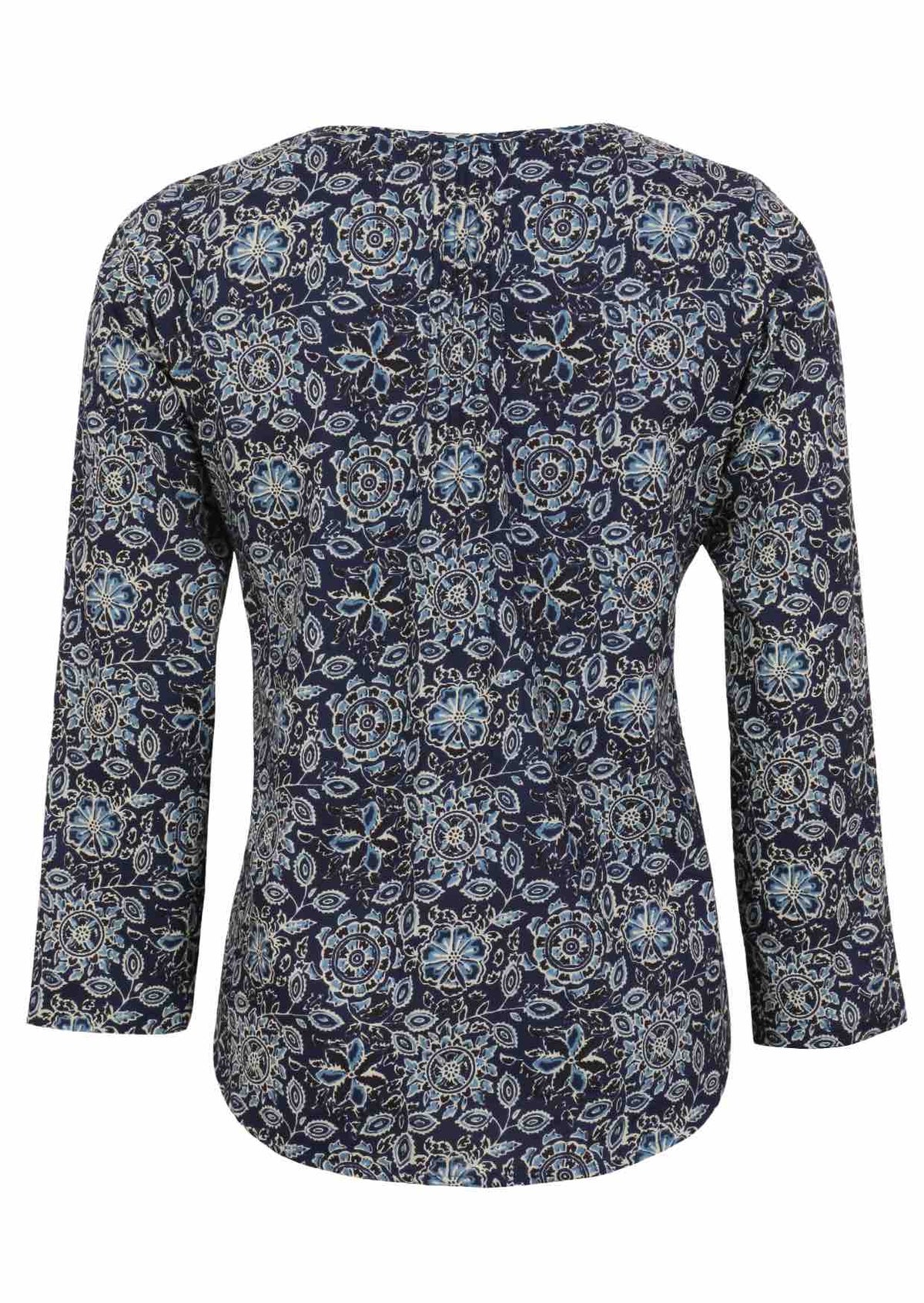 Back image of long sleeve cotton top with navy blue based floral print.