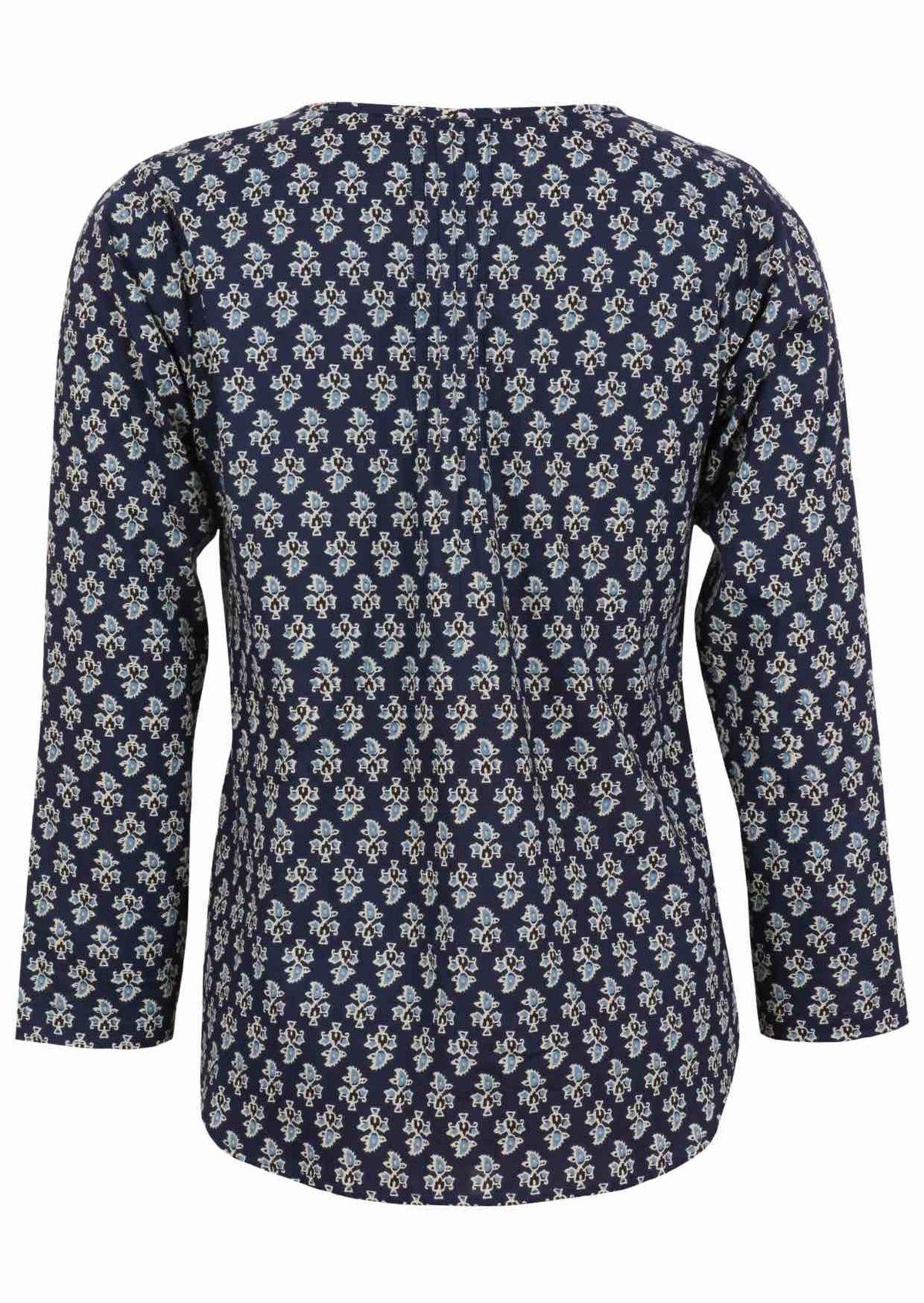 Back image of long sleeve cotton top with navy blue based floral print.