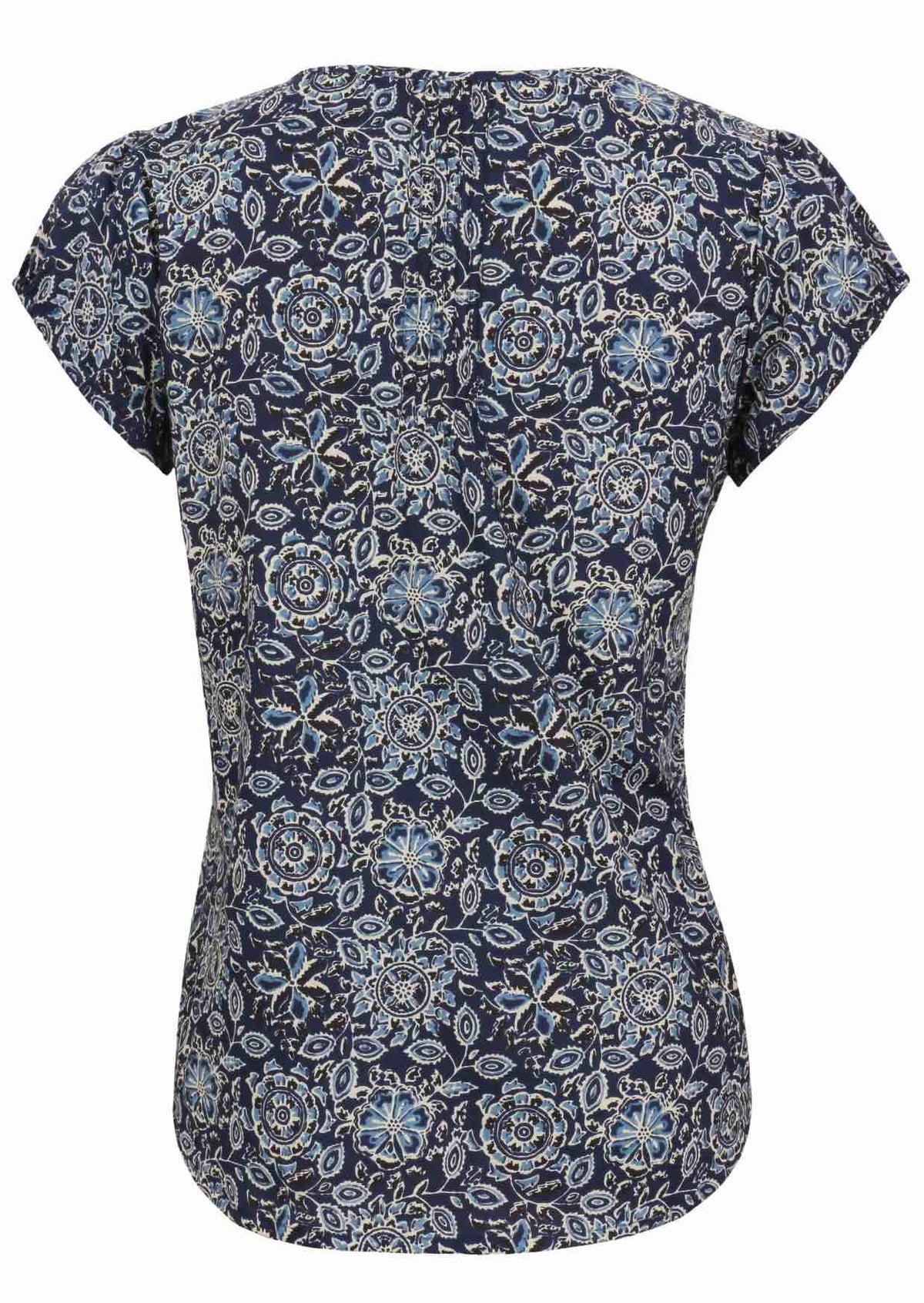 Back view of navy blue based floral print cotton top on a white background.