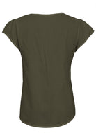 Back of olive green cap sleeve cotton top with pin-tucks in the centre of the back