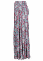 Blue based pink and white floral print rayon pant on a white background.