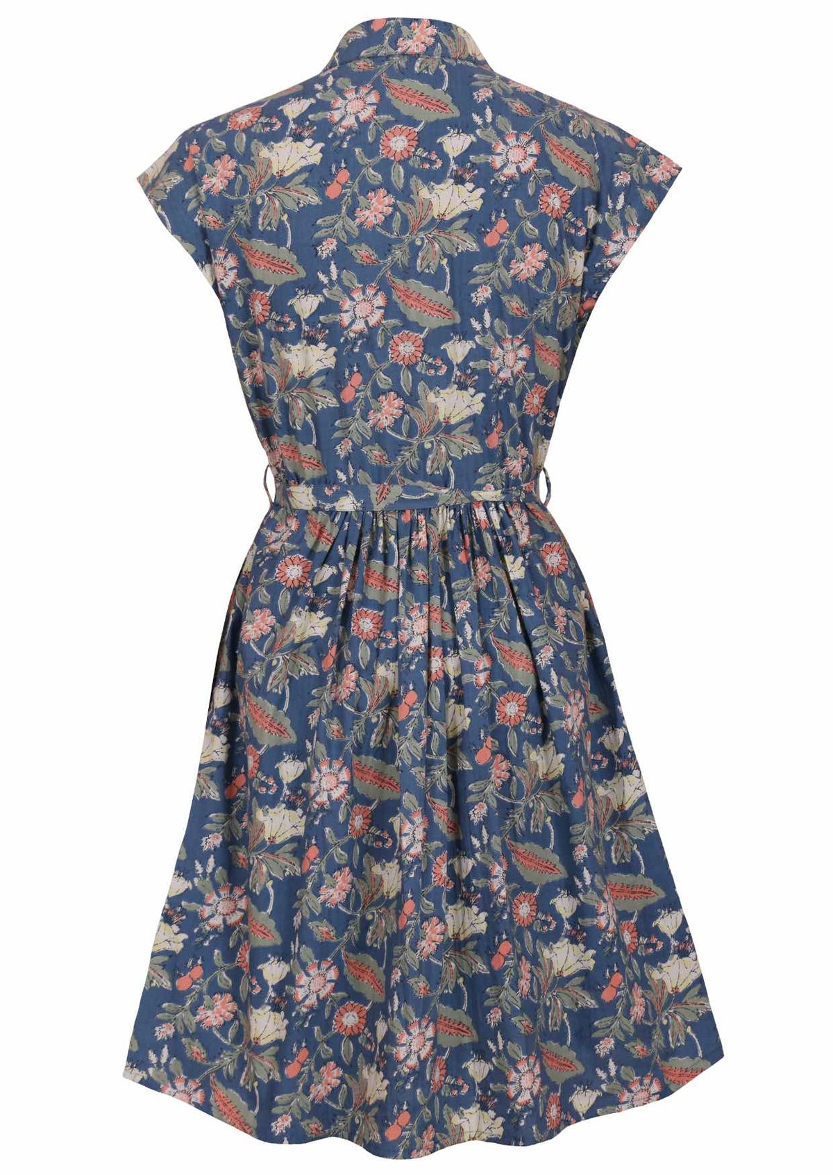 Blue floral shirt style cotton dress with pockets, cap sleeves and small gathers at back waist