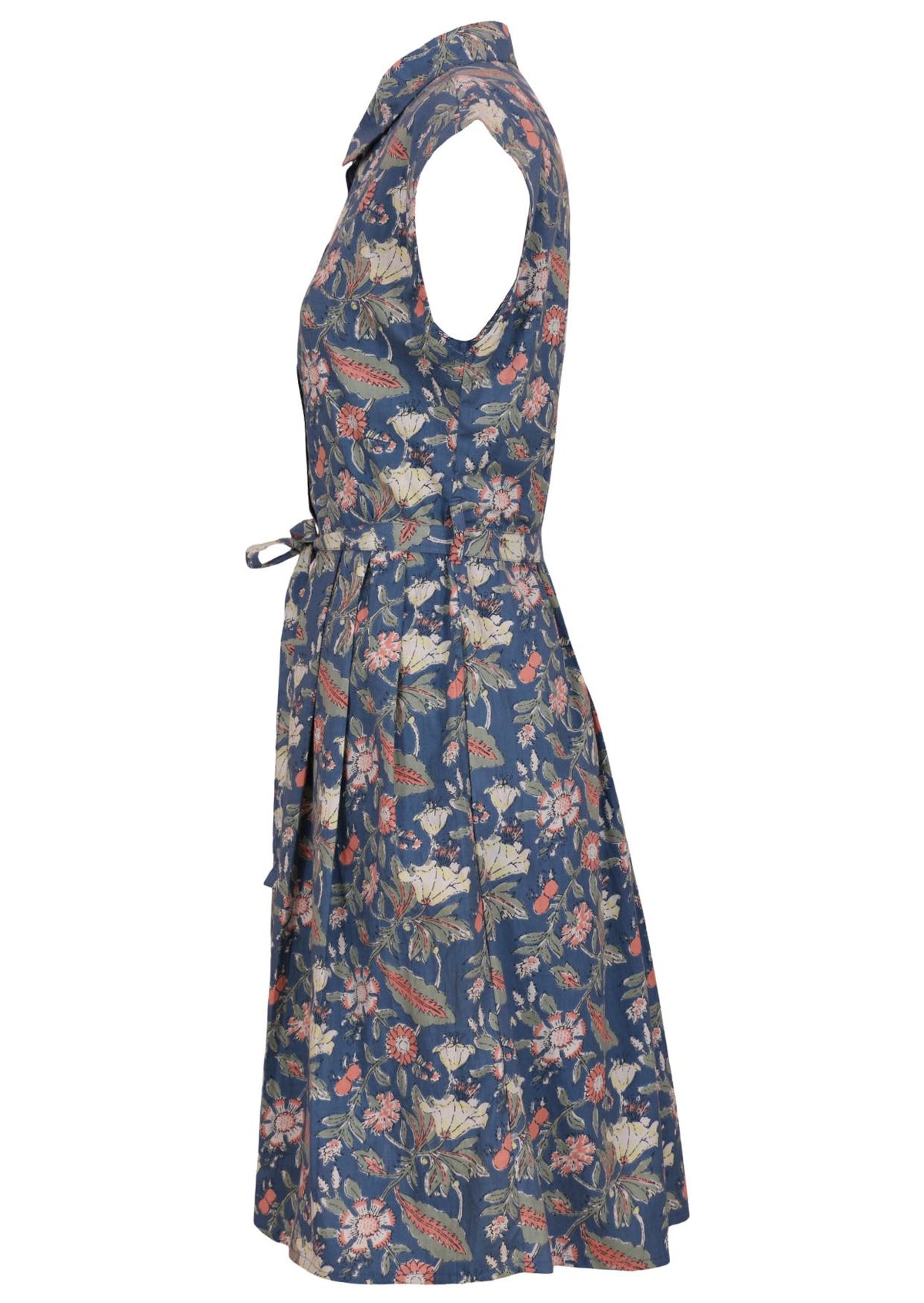 Knee length lightweight shirt style cotton dress with pockets, cap sleeves, small gathers at waist and fabric tie 