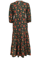 Front of 100% cotton three tiered maxi dress with 3/4 sleeves and pockets 