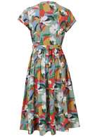 Back view of 50's style cotton midi length dress with a waist tie and cap sleeves