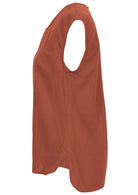 Side view of 100% cotton top in plain orange brushetta colour with cap sleeves