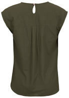 Back view of 100% cotton top in plain green kalamata colour with button closure at the nape of neck
