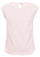 White cotton sleeveless top with round neckline and bust darts