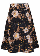Back view of 100% cotton skirt with hidden side zip and wide waistband in black based floral print.
