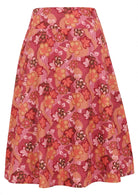 Japanese-style print cotton skirt in pink, maroon, brown, peach, and khaki tones with pockets.