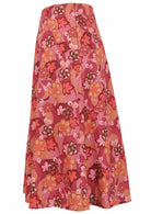 Japanese-style print cotton skirt in pink, maroon, brown, peach, and khaki tones with side zip.