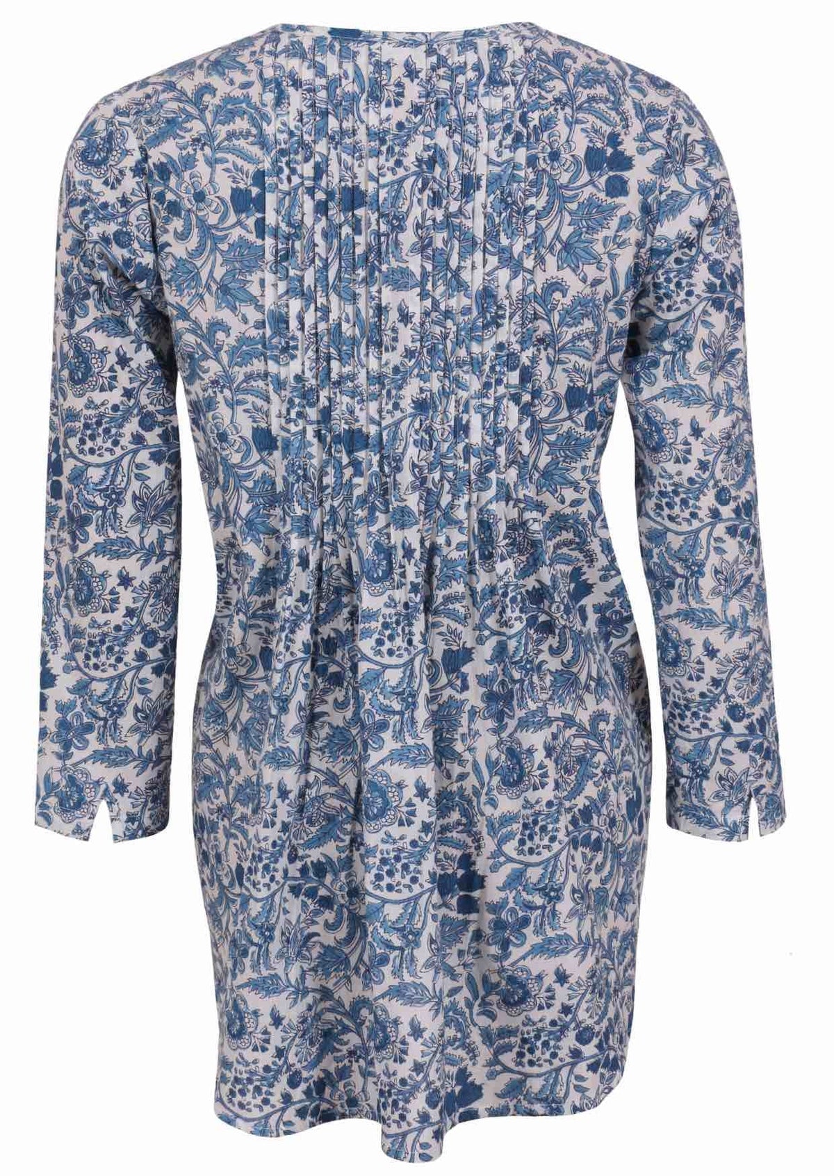 White based blue floral print cotton button through shirt with long sleeves, and pin tucks across the bodice, front and back