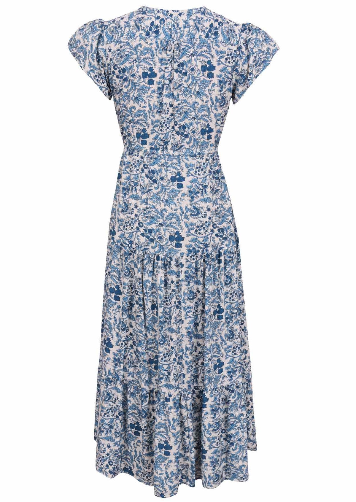 Blue and white floral print maxi dress with cap sleeves and tiered skirt,  back view.