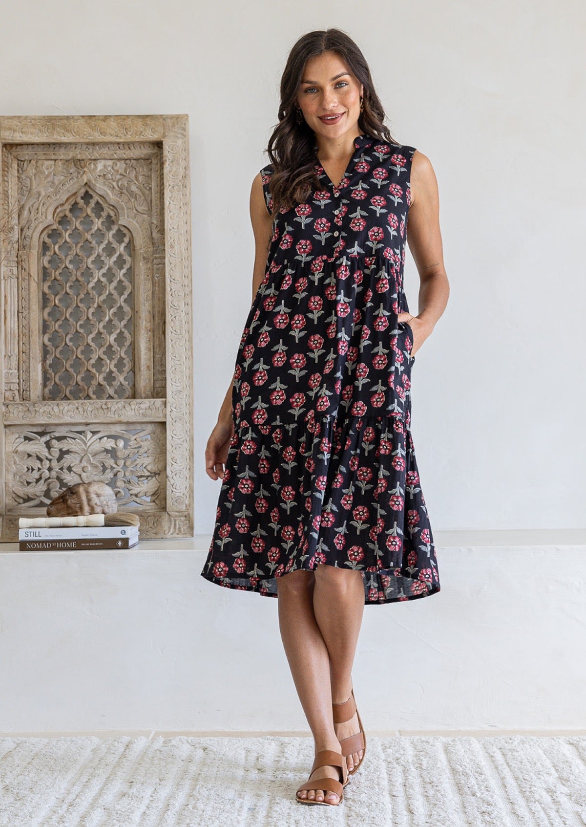 Black floral print sleeveless midi dress with collar, worn by model, full-length view