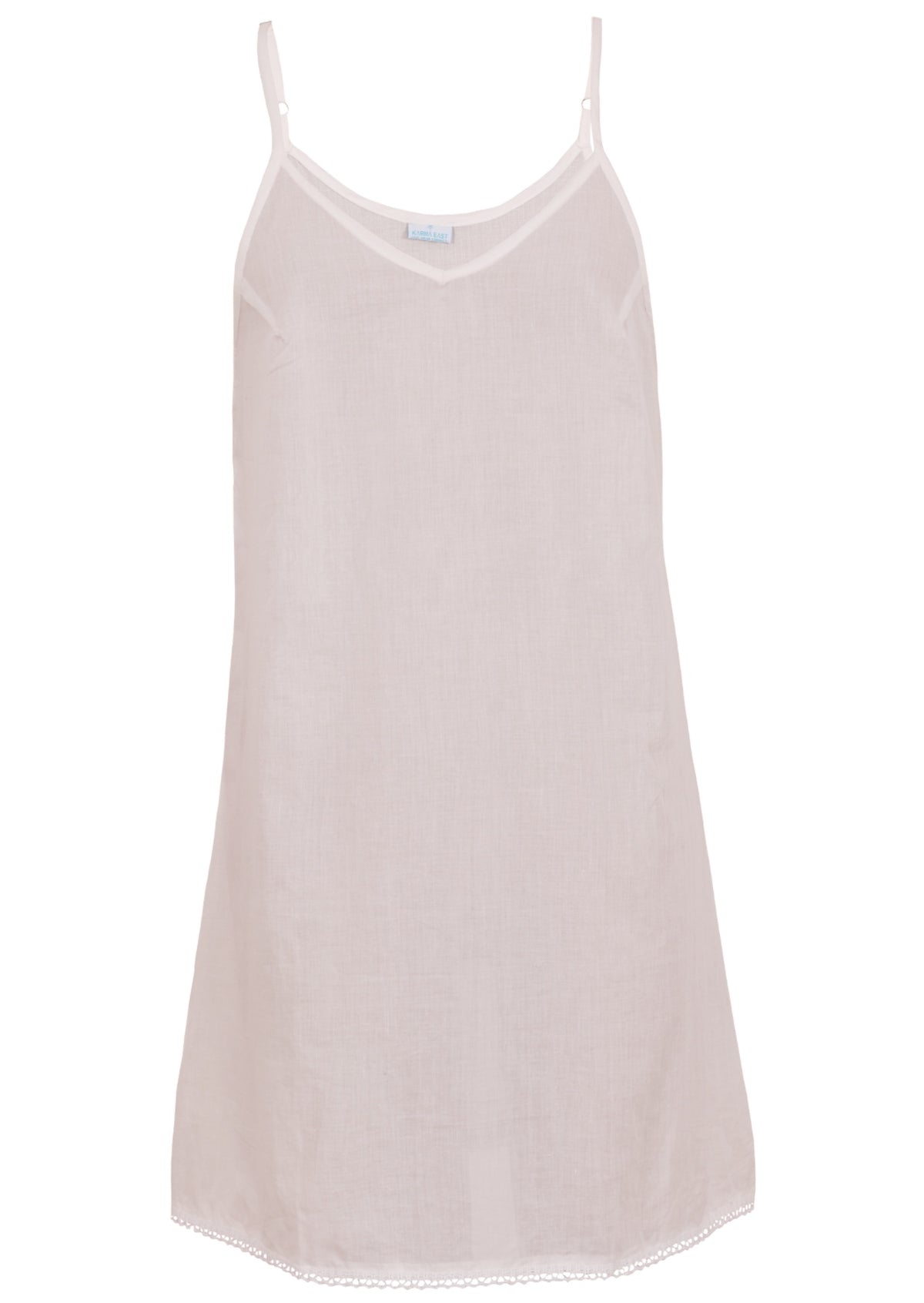 White cotton slip dress with thin adjustable spaghetti straps and a V-neckline, front view