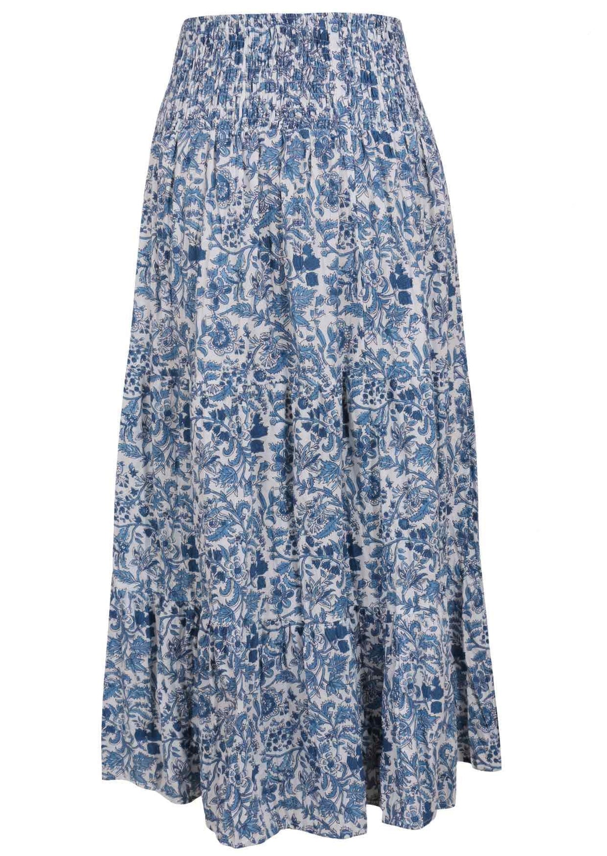 White based blue floral print skirt on a white background.