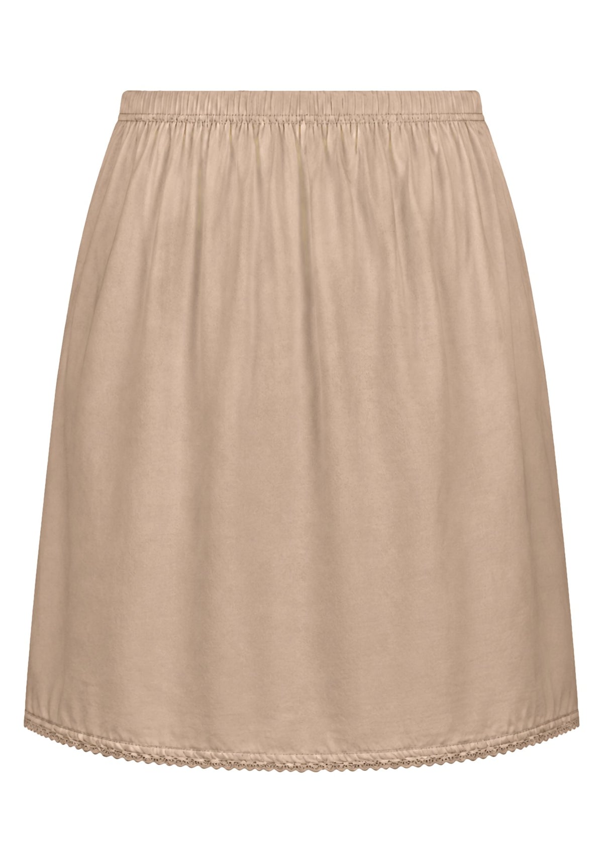 Nude toned slight A-line cotton slip skirt with elasticated waist and picot trim on hem, back view