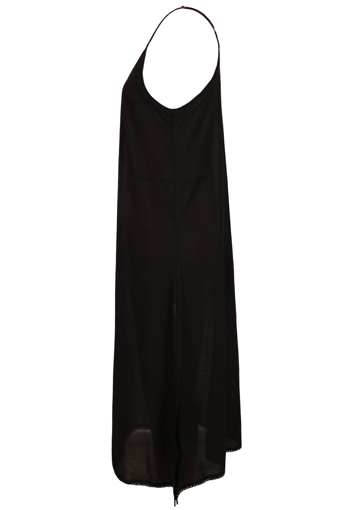 Black cotton voile slip dress with adjustable spaghetti straps, V-neckline, side splits and a picot trim hem, side view