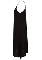 Black cotton voile slip dress with adjustable spaghetti straps, V-neckline, side splits and a picot trim hem, side view