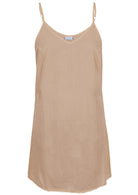 Beige cotton slip v neck with adjustable straps and V-neck, front view