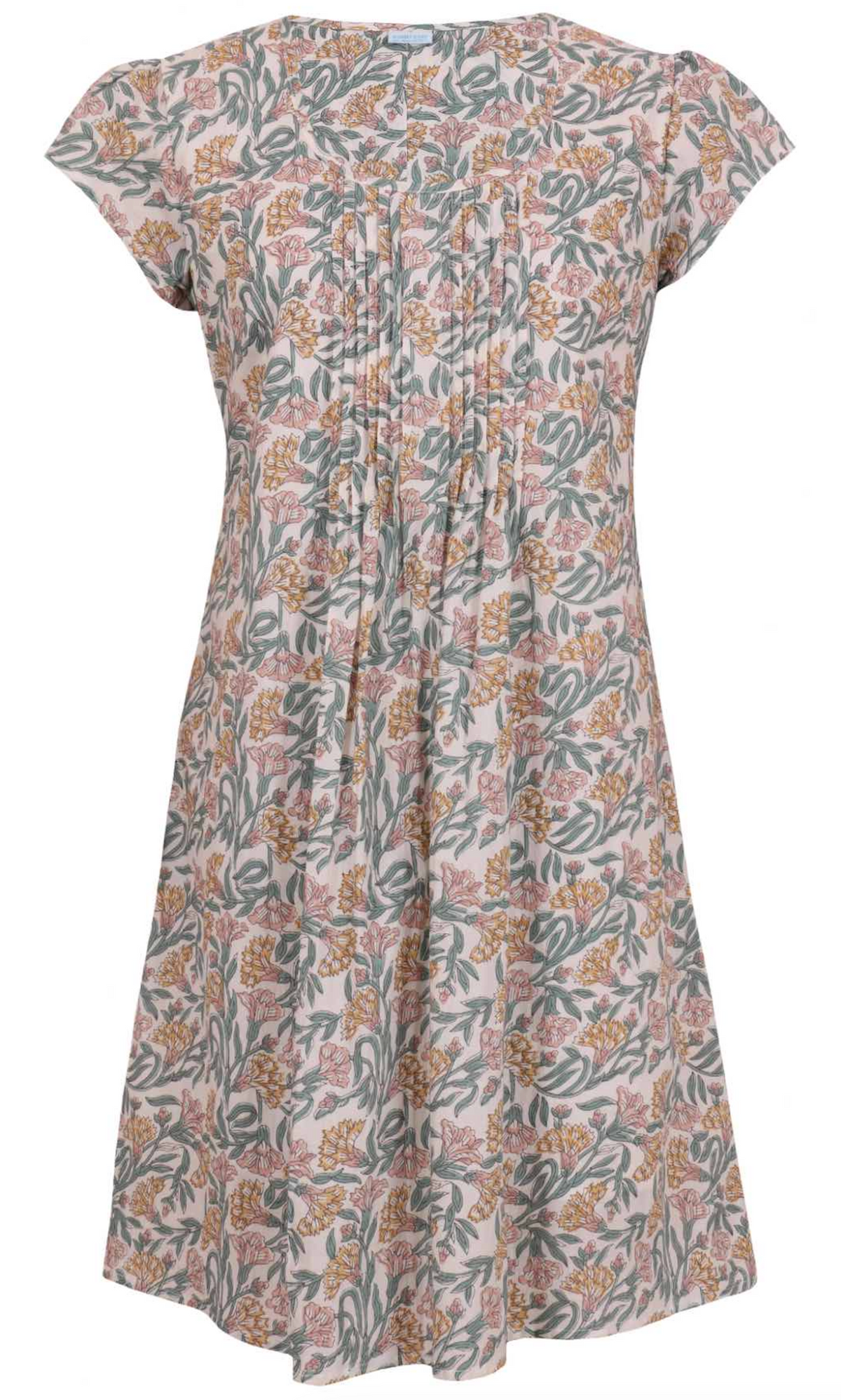 Front mannequin photo of cotton above knee dress in white based floral print.